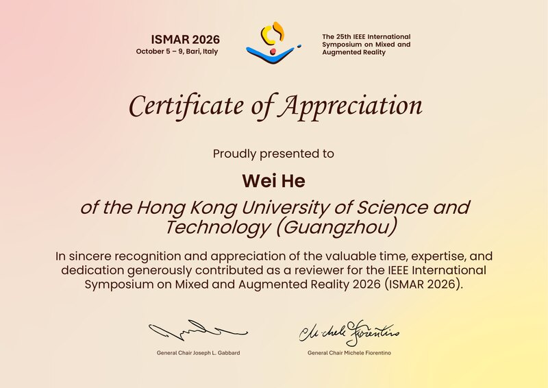 ISMAR 2026 Certificate of Appreciation presented to Wei He